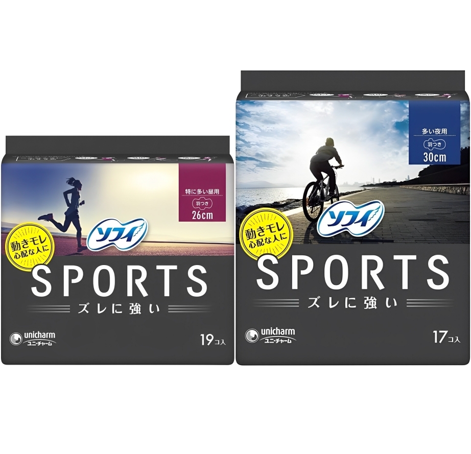 【澳門發貨】Unicharm尤妮佳Sofy蘇菲SPORTS運動3D超貼合衛生巾26cm量多日用19片裝/30cm量多夜用17片裝高度貼合性設計防位移防滲透安心活動一整天