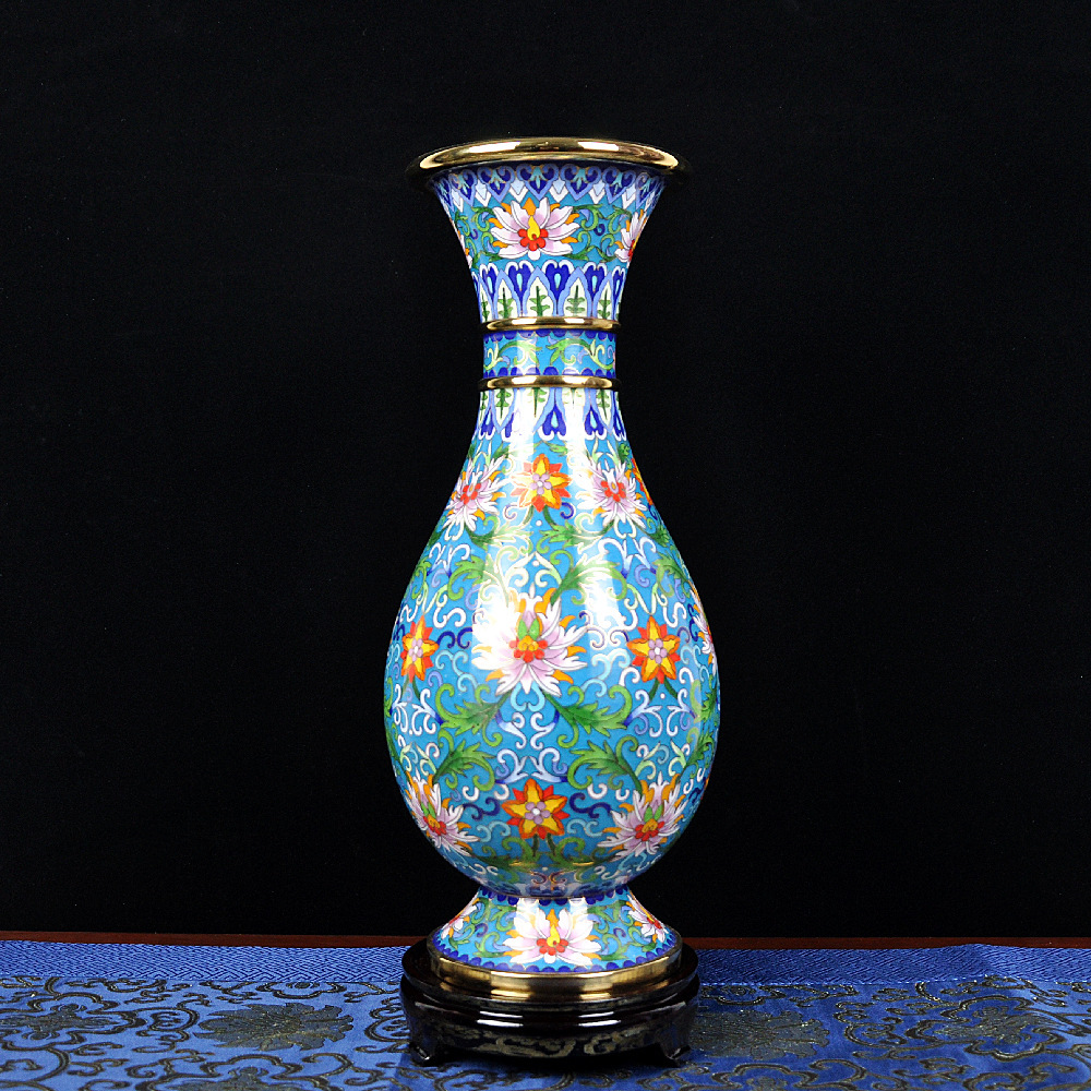 景泰藍花瓶纏枝蓮紋銅胎掐絲琺瑯含木座傳統手工禮品