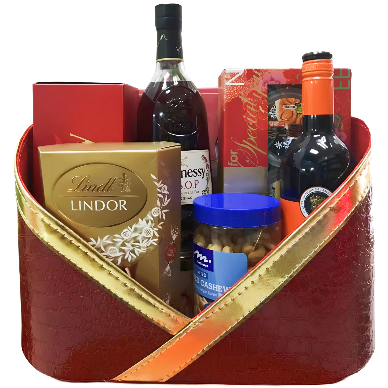 【澳門直送】酒紅石頭紋皮革賀年禮籃 988