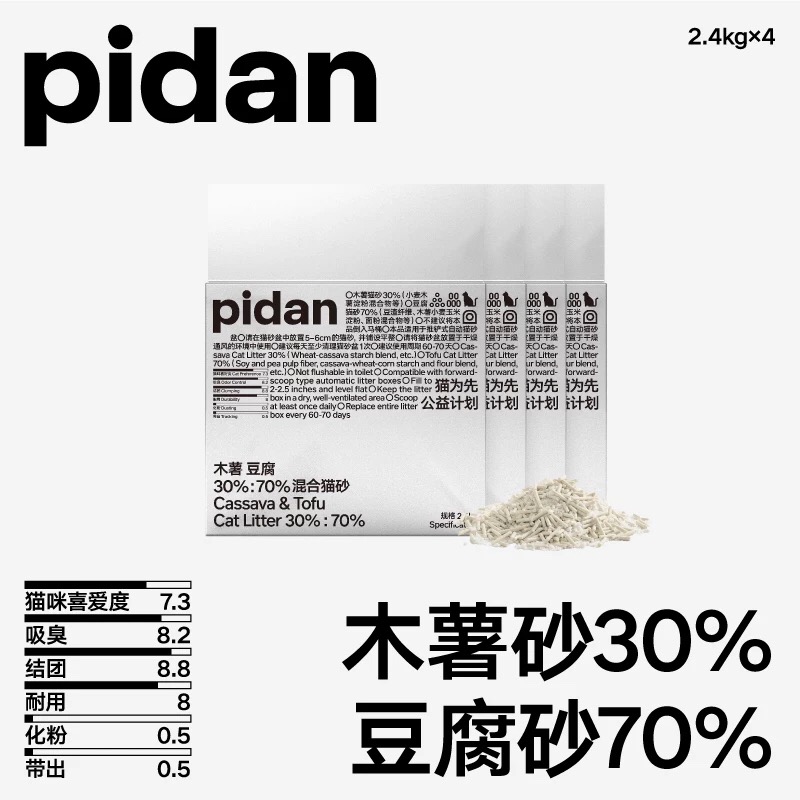 4包 pidan 木薯豆腐30%:70%混合貓砂2.4g 吸臭快速結團皮蛋貓砂寵物用品